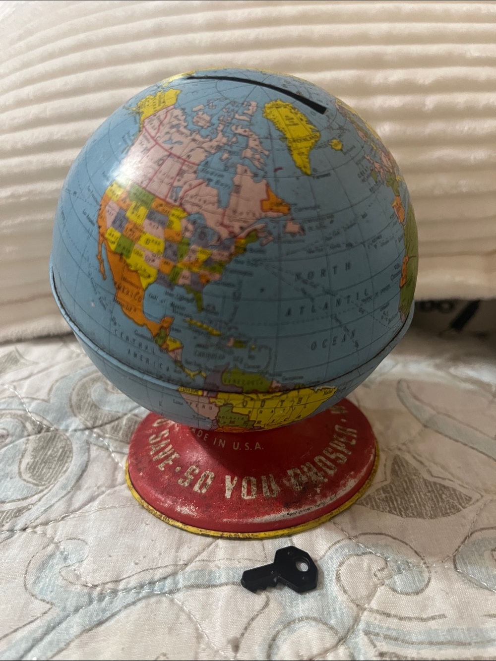 Ohio Art tin Decorative Blue Globe Coin Bank with Red Base includes key/stopper
